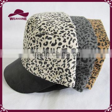 Unisex Wool Leopard Print PU Leather Visor Military Cap