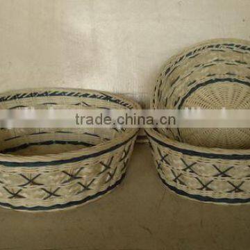 Blue Set/3 Nested Round Bamboo And Rattan Basket