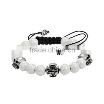 gothic style stainless steel and ceramic beaded combine bracelet,white ceramic bead bracelet with cross China manufacturer