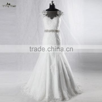 RSW928 Cap Sleeves Illusion Neckline See Through Back Lace Wedding Dresses Mermaid With Detachable Train