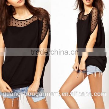 2015 New Summer Casual Women Thin Loose Dot Mesh Patchwork T Shirts Asymmetric Short Sleeve Tops Tees, Black, S, M, L, XL