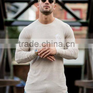 Men's Slim Fit Long Sleeve Curved Hem T-Shirt OEM Long Drop Round Bottom T Shirt Muscle Gym T Shirt Elongated Tee Wholesale