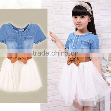 Baby Girl's Kids Children Fashion Princess Denim And Tulle Stitching Bow Dress Skirt With Belt 3-8Y SV001489 photo-4