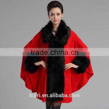 2016 Women's Wrap Beige Black Pashmina Wool Knitted Fake Cashmere Shawl With Fur Trim Collar Faux Fox Fur High Quality Capes photo-4