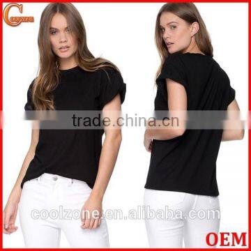 Wholesale Crew Neck Rolled Cuffs Cotton t Shirt Women t Shirts
