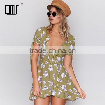 Wrap over short sleeved sexy women dresses ladies tie cuff floral casual dress