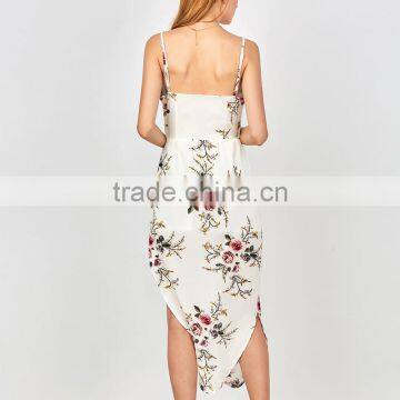 Slip Floral Printed Drawstring Waist Asymmetric Chiffon Women Dress photo-3