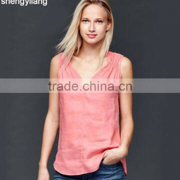 2016 Newest Product Pure Color Leisure 100% Linen Vest Custom High Quality Comfortable Ladies Tops photo-3