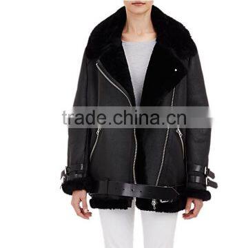 Draped-Collar Shearling Biker Jacket for Lady photo-5