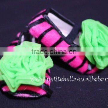 Hot Pink Zebra Print Shoes With Lime Green Rosettes Pettishoes Crib Shoes MAS31