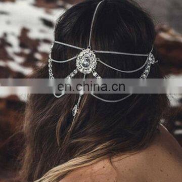 Bohemian Exaggerated Full Rhinestone Headdress Water Drops Gems Tassel Headband Headchain Headpiece
