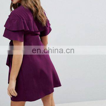Fashion Comfortable Maternity Mini Wrap Dress With Ruffle Sleeve photo-3