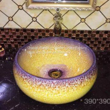 Plublic place wc basin wash face basin in bathroom ceramic material colorful round fancy no hole tabletop basin