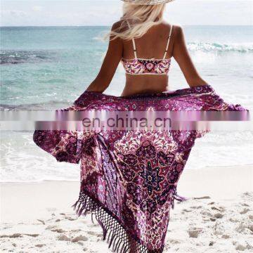 New Arrivals Beach Cover up Floral Romantic Swimwear Ladies Pareo Beach Cape Purple Tassel Beach Dress Chiffon Swimwear