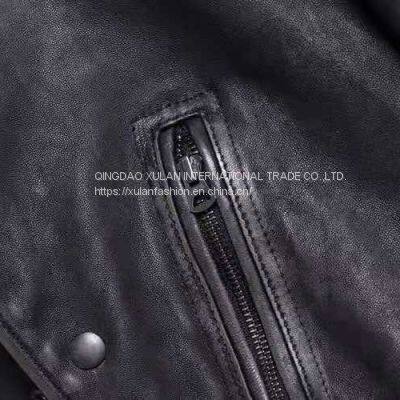 HOT SALE 2021 NEW FASHION MEN'S WASHED BASEBALL GENUINE SHEEPSKIN LEATHER JACKET photo-5