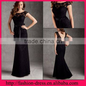 Sexy Sweetheart Cap Sleevele Shealth Style Floor Length with Satin Sash Black Lace and Nude Evening Dress
