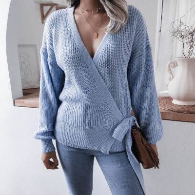 Casual V-neck Tie Knotted Knit Sweater