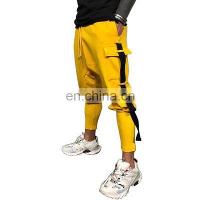 Custom Mens Casual Pants Fashion Yellow Pocket Side Ribbon Cropped Harem Pants Men