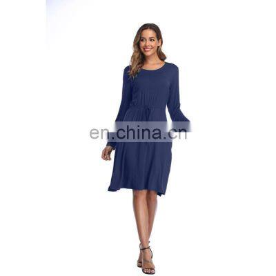 Manufacturers Wholesale Dress Drawstring Waist Solid Color Pocket Long-sleeved Dress photo-5