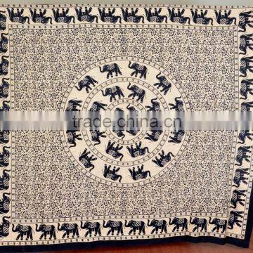 Indian Tapestry Cotton Mandala Elephants Print Black-Cream Vintage Wall Hanging Tapestries Throw Bedsheet