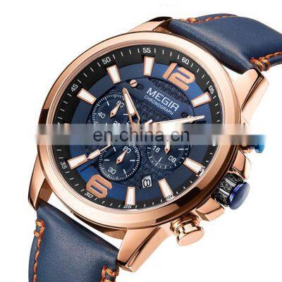 MEGIR 2156 Mens Quartz Stainless Steel Leather Sport Luminous Waterproof Chronograph Military Date Watch China