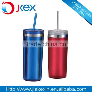 Inner SS outer plastic adult cups with screw lid and straw