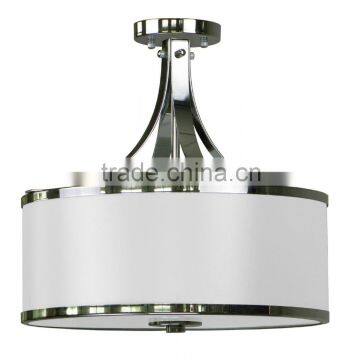 3 light semi-flush ceiling light(Lampara de techo)in chrome finish with a16" silk look pristine white fabric shade