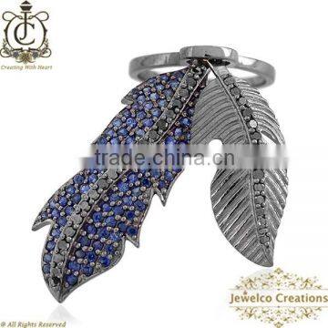 Blue Sapphire Gemstone Ring Jewelry, Silver Designer Ring, 14K Gold Diamond Feather Ring, Pave Diamond Fashion Ring Jewelry