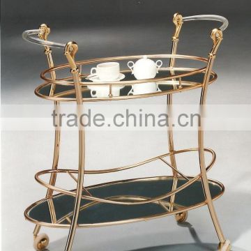 Serving Trolley /Luxury Golden Chrome Tempered Glass Serving Trolley