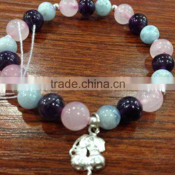 Natural Gemstone Mixed Color Rose Quartz Crystal and Amethyst and Aquamarine With 925 Silver Cherry Bracelet photo-2