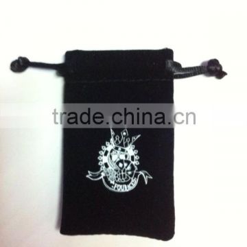 Cheap wholesale black custom velvet drawstring pouches with white silk-screen logo printed