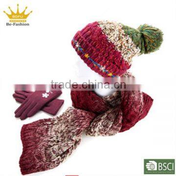 Sexy women wholesale knitted scarf beanie and glove sets wholesale winter hats and gloves