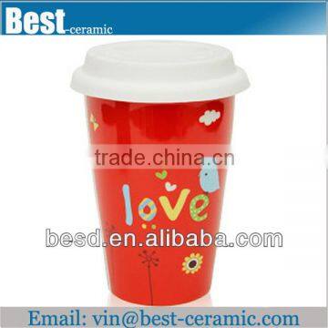 double wall decal ceramic lovers cups with silicone lid                        
                                                Quality Choice