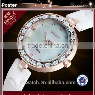 Lady's White Ceramic Watch With CZ Stones Shell Dial /china factory ceramic watch