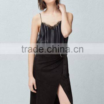 Custom Slit With Buckle Women Black Faux Suede Wrap Skirt