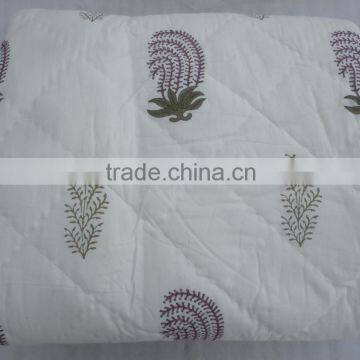 Indian Hand Block Print Pure White Kantha Cotton Quilt photo-2