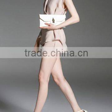 Two-piece-outfits Latest Fashion Design Women Clothing Apricot V Neck Top With Pockets Shorts photo-3