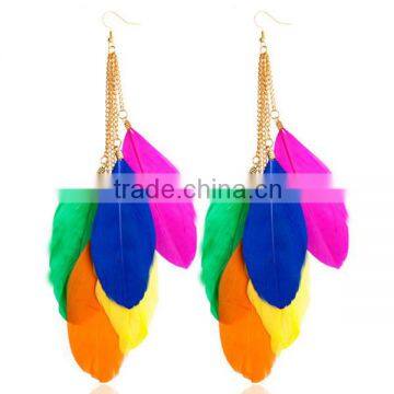 Latest style colorful long peacork feather earring,elegant lady feather earrings wholesale