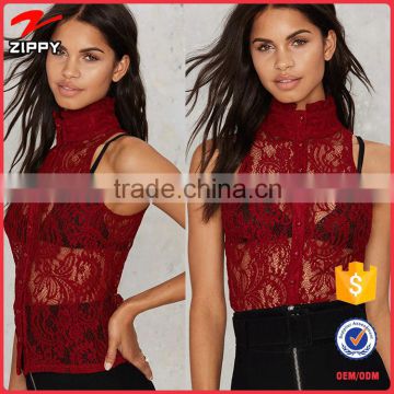 OEM Service Custom Women Sleeveless Sexy Lace Tops Red 2016