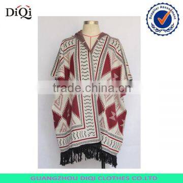 women elegant jacquarded pattern ponchos with fringe