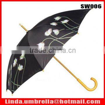 [SW006] 23"x8K, Wooden shaft&handle straight umbrella,with flower design, flower umbrella