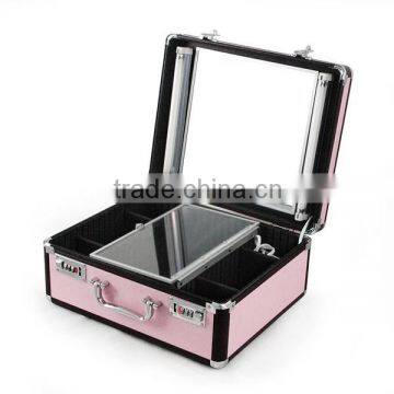 Pink professionl aluminium cosmetics case with mirror, suitcase for makeup artist with waterproof