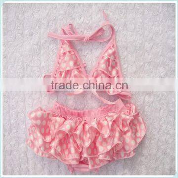 Pink white dots satin swimsuit swimwear outfit for baby girls children kids two pieces swimsuit