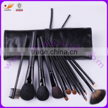 12pcs Classic Black Real Hair and Nylon Hair Wooden Handle Travel Cosmetic Brush Set with Case