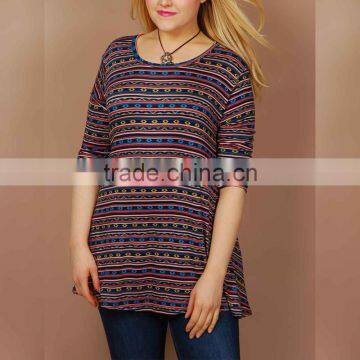 Plus Size Navy Geometric Stripe Scoop Neck Top Blouses Wholesale Custom Manufacturer Wholesale Custom Manufacturer China Agent