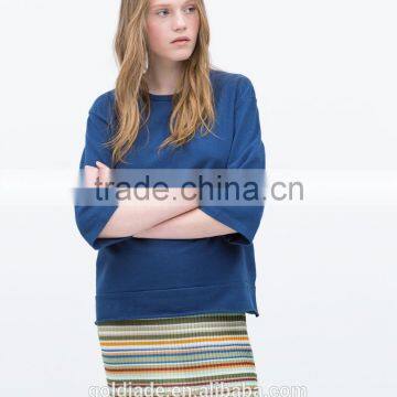 Fashion Cutting Ladies Loose Top Fleece Cotton Three Quarter Sleeve Lady Blouse photo-3