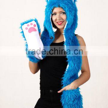 Wholesale Custom Long Scarf Mittens Faux Fur Wolf Head Animal Ears Hat photo-4