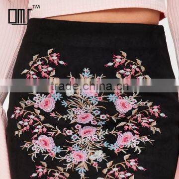 Side Zipped Embroidered Black Suede Stretchy Tight Mini Pencil Skirt