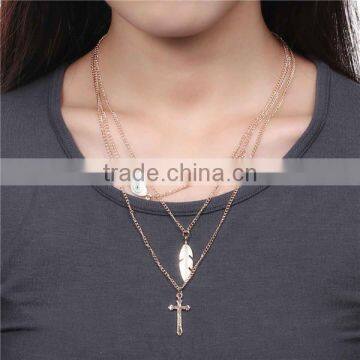 New Fashion Multilayer Layered Necklace Gold Plated With Feather Cross Eye Star Pendants 44.5cm long