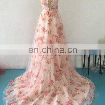 Floral Printed Fabric Honey Pink Sleeveless Tulle Dress Long Evening Gown 2017 photo-2